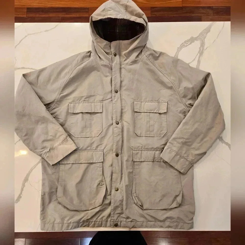 Vtg Woolrich Hooded Full Zip Parka Jacket Tan Brown Mens Size Large